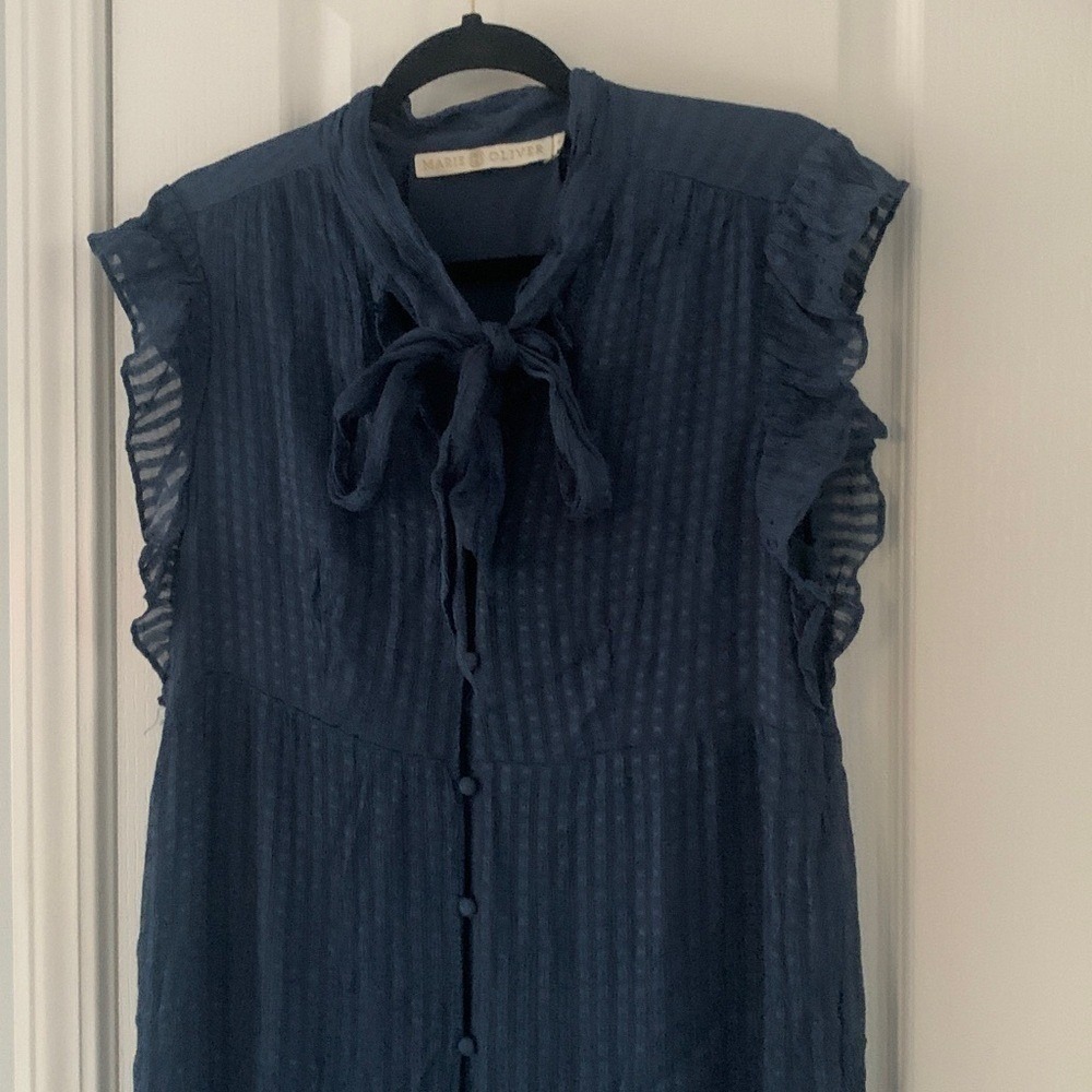 Marie Oliver Kylee Dress, Ocean ruffle silk blend Size S maxi solid blue tie - Picture 8 of 16